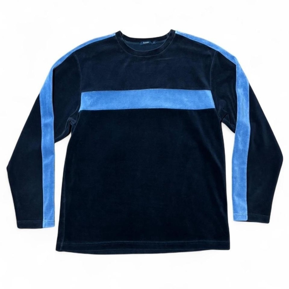 Vintage Y2K Navy Baby Blue Velour Long Sleeve Pullover Retro Soft Sweater L 21"